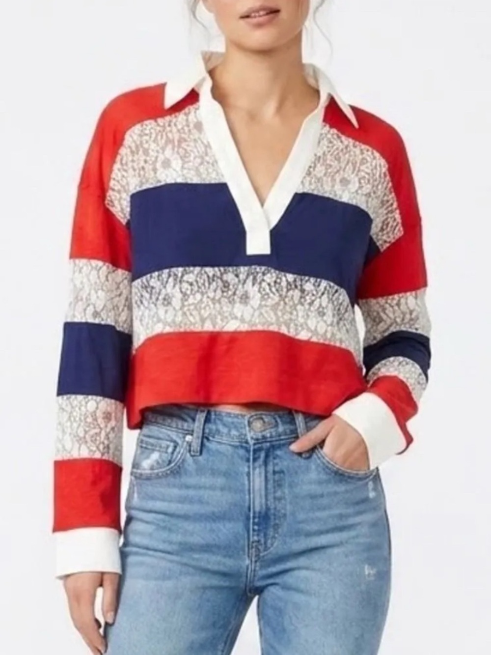 Anthropologie Maeve Paneled Rugby Top M- Red/White Lace/Blue